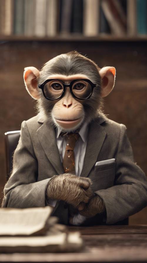 Un singe preppy à l&#39;air intelligent portant des lunettes, appuyé contre un bureau en chêne vintage.
