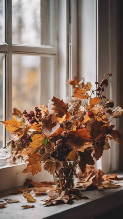 Bukiet jesiennych kwiatów i opadłych liści umieszczony przy oknie.