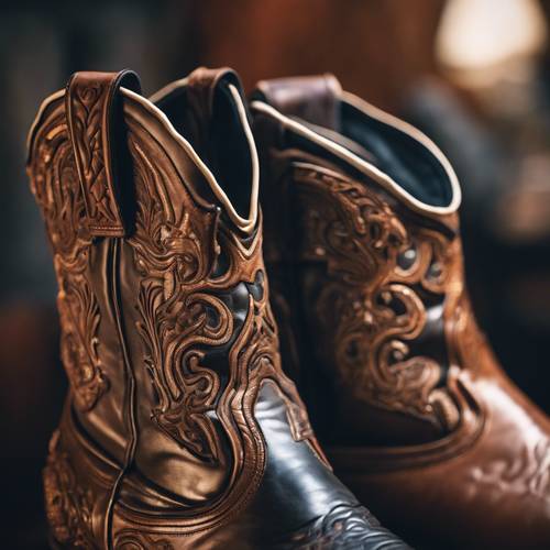 A close-up of a pair of polished cowboy boots with intricate leather design patterns. Behang [8c43313af6f24a80b921]