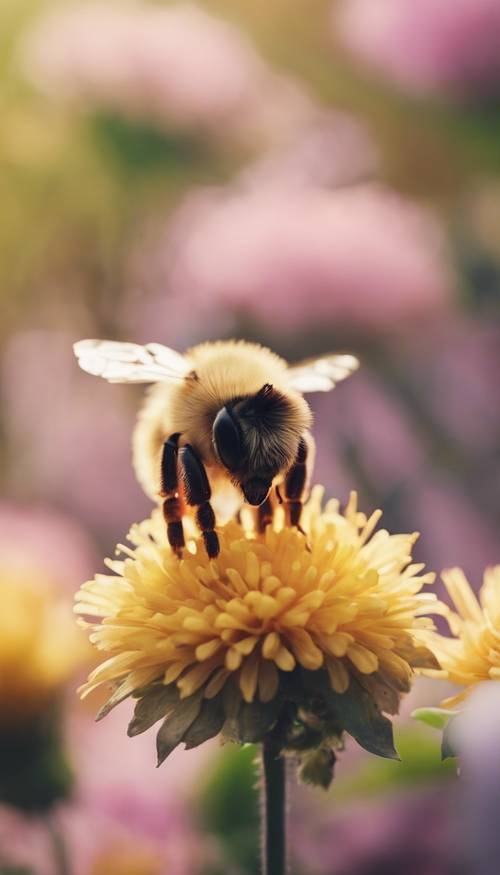 Seekor lebah berbulu halus dengan kepala besar dan tubuh kecil, mirip gaya chibi, duduk di atas kelopak bunga.