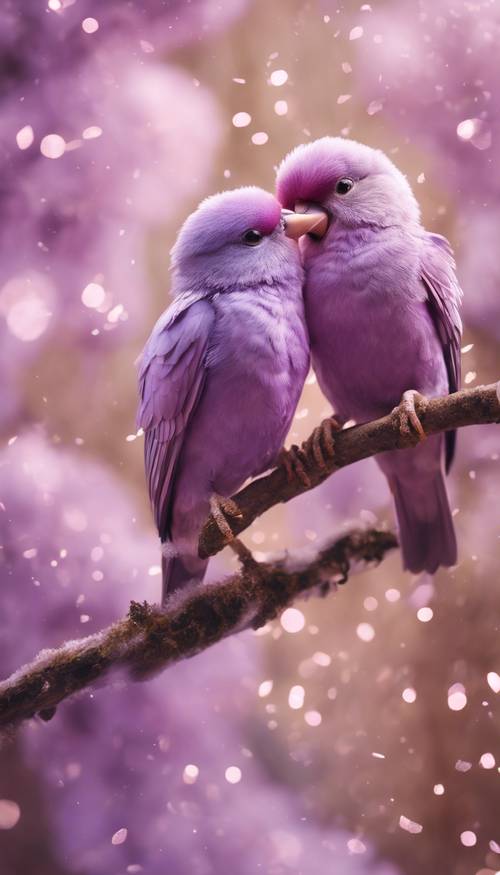 Un couple d&#39;inséparables aux plumes lilas assis sur une branche et entourés de paillettes.