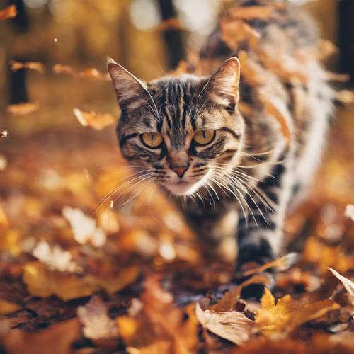 Eine verspielte karierte Katze jagt die bunten Blätter, die vom Herbstwind umhergewirbelt werden.