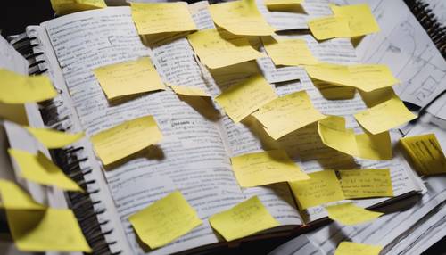 A college student's worn-out textbook, covered with post-it notes and highlighter marks.