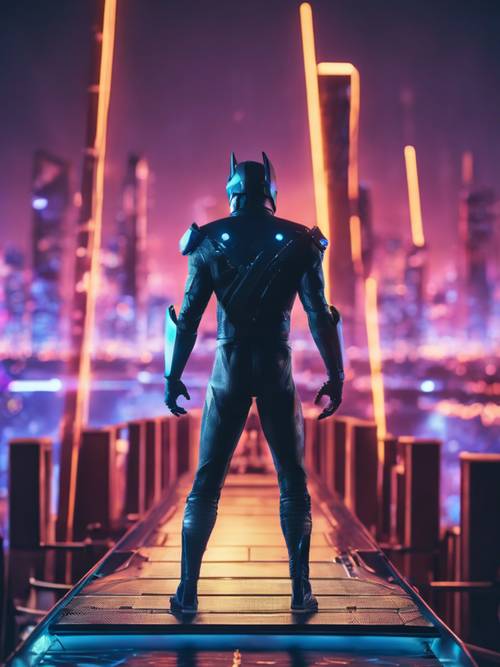 Un superhéroe futurista parado en un barco, proyectando una larga sombra sobre el paisaje urbano iluminado con luces de neón.