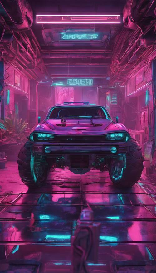 Kendaraan cyberpunk dengan desain mengingatkan pada naga, diparkir di garasi bawah tanah.