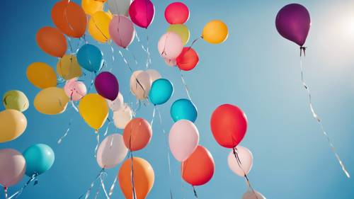 Balon warna-warni dengan latar langit biru cerah, bertuliskan &#39;Aku mengisi hidupku dengan warna dan keajaiban&#39; di setiap balon.