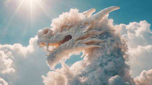Un dragón de ensueño hecho de nubes esponjosas que flotan a través de un cielo radiante y soleado.