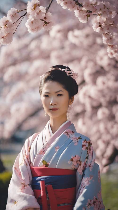 A clear, bright image of a young Asian woman wearing traditional kimono, standing next to cherry blossom tree in bloom.