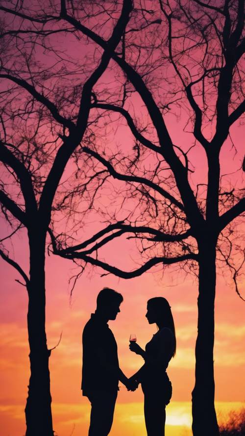 A silhueta de um casal compartilhando um momento romântico contra um pôr do sol colorido.