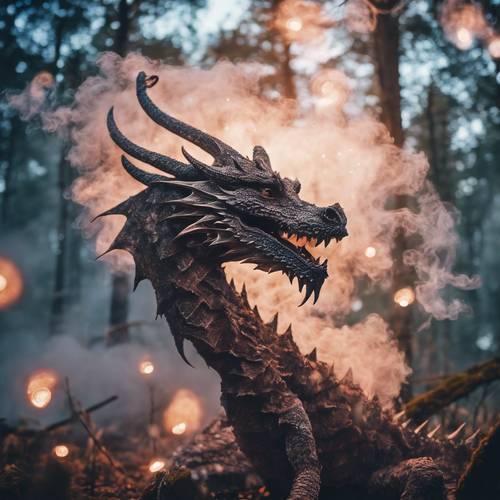 An enthralling dragon breathing kaleidoscopic smoke in an enchanted, starlit forest.
