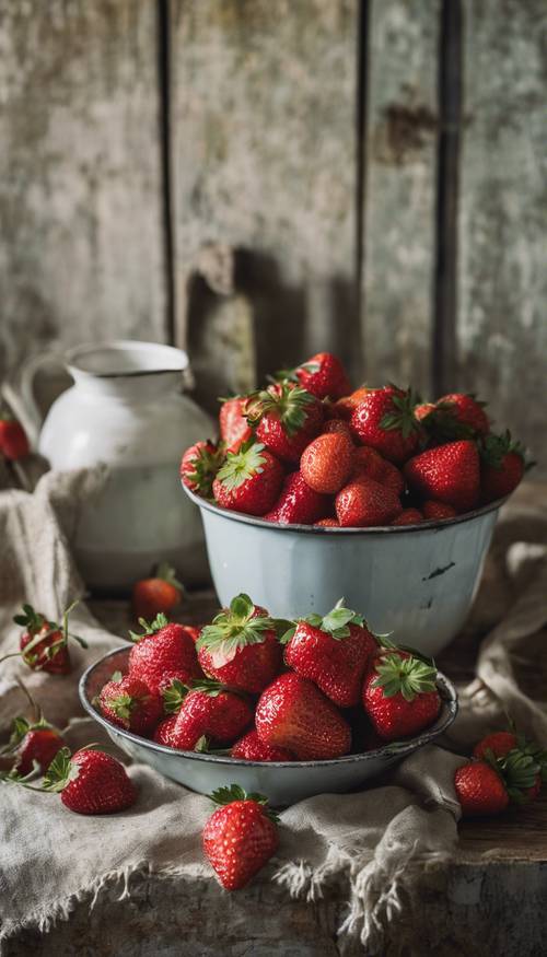 A still life of freshly picked strawberries in a vintage enamelware bowl against a rustic background