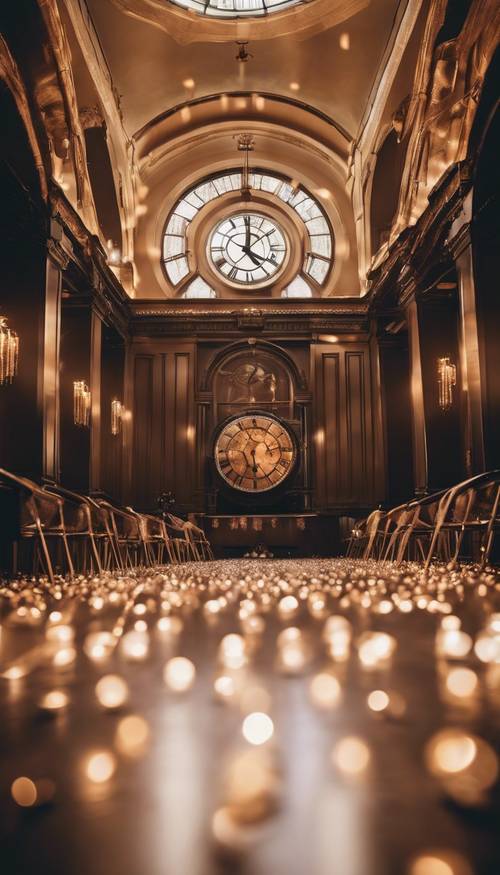 Una escena de fiesta de Nochevieja de estilo preppy en un gran salón con el reloj marcando la medianoche.