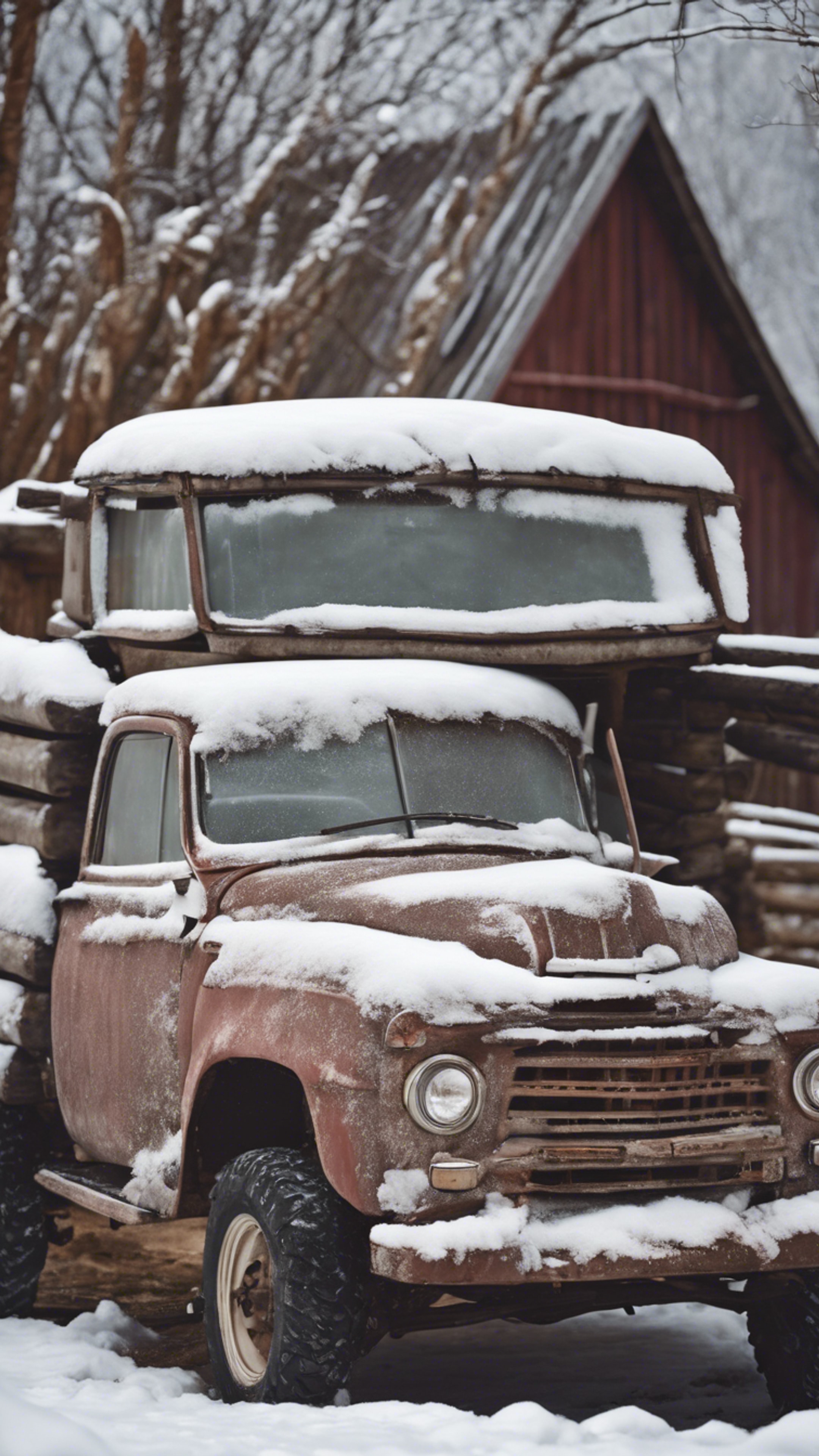 A beat-up, vintage pickup truck covered in a layer of fluffy snow, parked at an old wooden barn. Wallpaper[258c26ac4bce4dbd87a1]