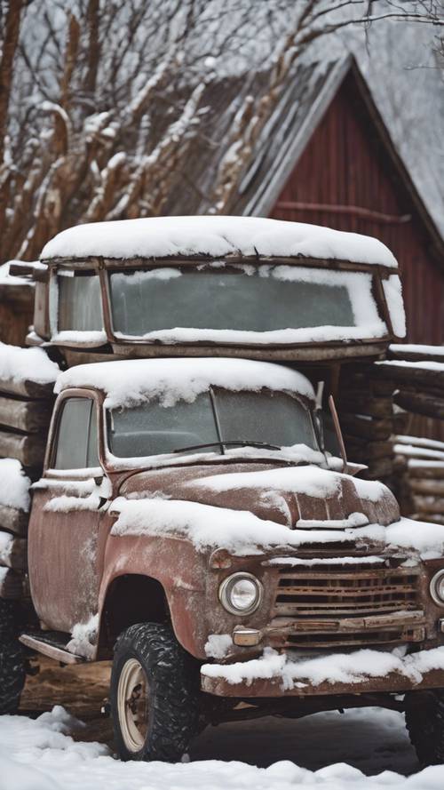 A beat-up, vintage pickup truck covered in a layer of fluffy snow, parked at an old wooden barn.