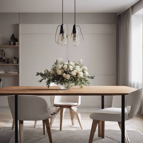 Минималистичная столовая с изящным деревянным столом, вазой со свежими цветами и минималистскими стульями под современным светильником.