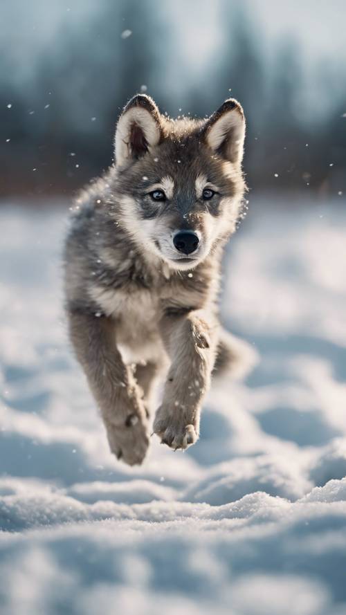 A cuddly wolf pup making tiny jumps in a winter snow field.