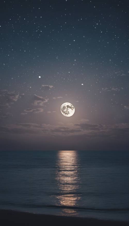 A midnight sky with a full moon reflecting on a calm and peaceful ocean. Tapet [347832ec08074a30acf2]