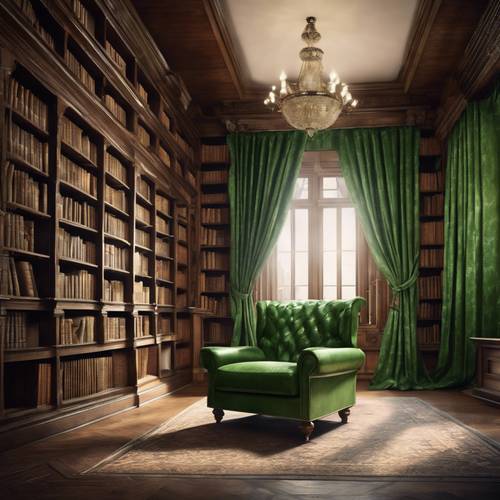Una biblioteca clásica con cortinas de damasco verde, estanterías con libros antiguos y un sillón de cuero.