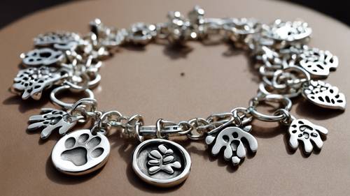 A shiny silver charm bracelet featuring multiple paw print charms.