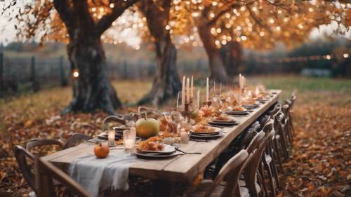 أجواء عيد الشكر الجمالية في الهواء الطلق في بستان تفاح، وطاولة طويلة مليئة بالطعام، وأوراق الخريف، والأضواء الخيالية المتلألئة.