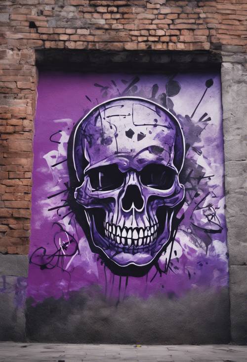 Graffiti art of a stylized purple skull on a city wall