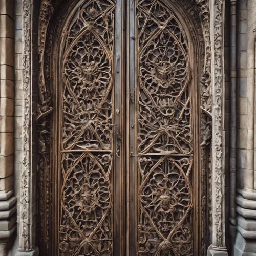 Um close das portas esculpidas de uma catedral gótica.