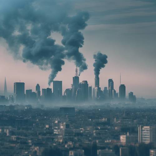 O horizonte de uma cidade desaparecendo em uma fumaça azul etérea.