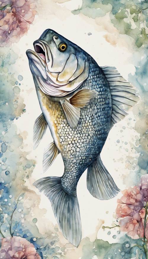 Lukisan cat air ikan bass dengan detail yang rumit