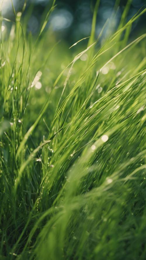Równina porośnięta bujną, zieloną trawą, kołyszącą się delikatnie na letnim wietrze