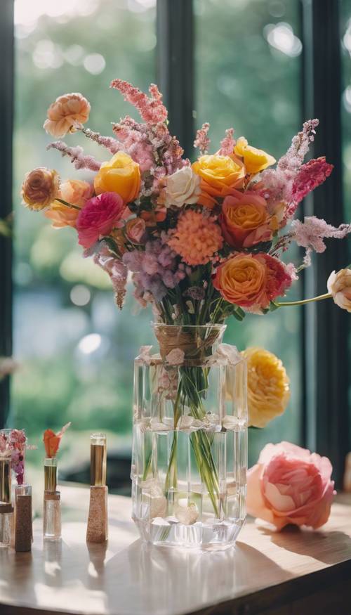 Eine lebendige Sammlung moderner Blumenarrangements in geometrischen Vasen.