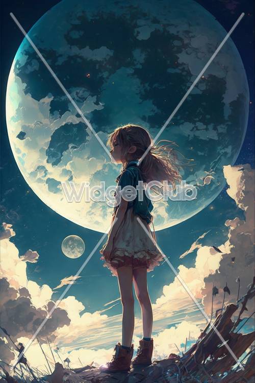 Moonlit Dream Featuring Girl Gazing at the Sky