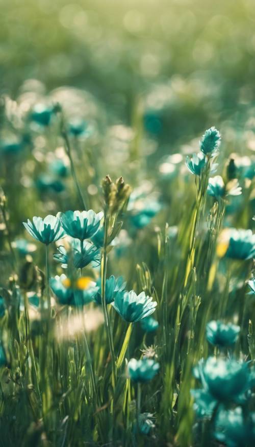 Świeża wiosenna łąka w kolorze turkusowym pod czystym niebem