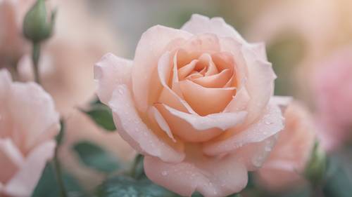 A close-up of a delicate rose blooming in pastel shades.