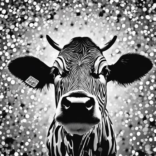 Una reinterpretación artística abstracta de un estampado de vaca en blanco y negro.