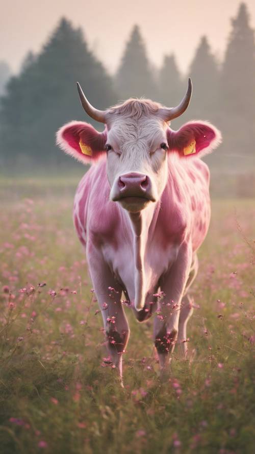 Uma vaca rosa manchada pastando pacificamente em prados enevoados de manhã cedo.