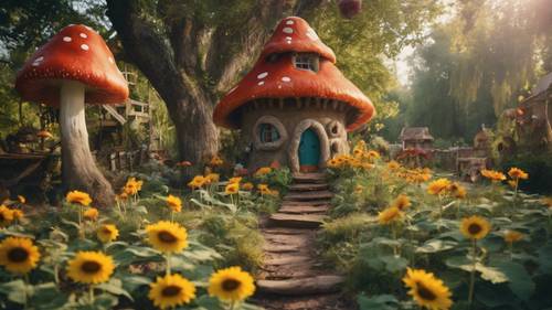 Un jardín encantado para niños lleno de hongos de colores vibrantes, girasoles gigantes y una caprichosa casa en el árbol.