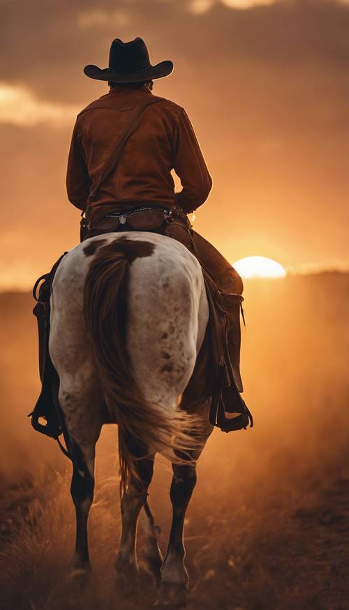 Tấm lưng của một chàng cao bồi đang cưỡi ngựa trong ánh hoàng hôn, một khung cảnh cổ điển với ánh sáng màu cam ấm áp bao quanh anh ta.