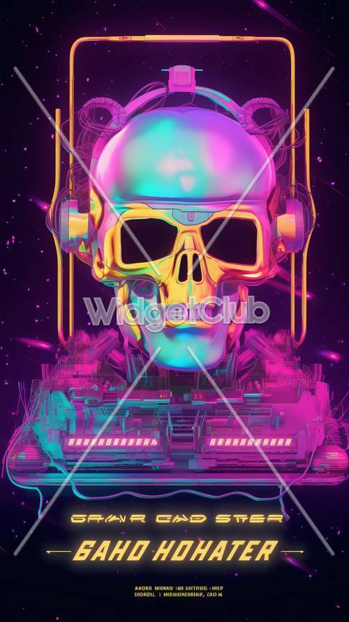 Colorful Neon Skull with Futuristic Cityscape
