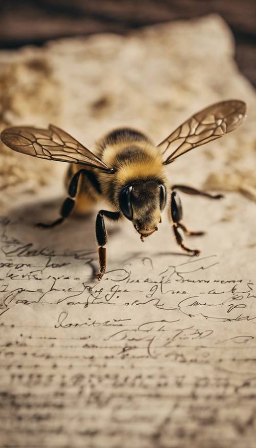 Una cartolina d&#39;epoca raffigurante un&#39;ape indaffarata su un&#39;antica pergamena.