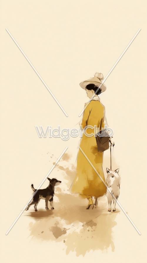Eine Dame im gelben Kleid mit Hunden