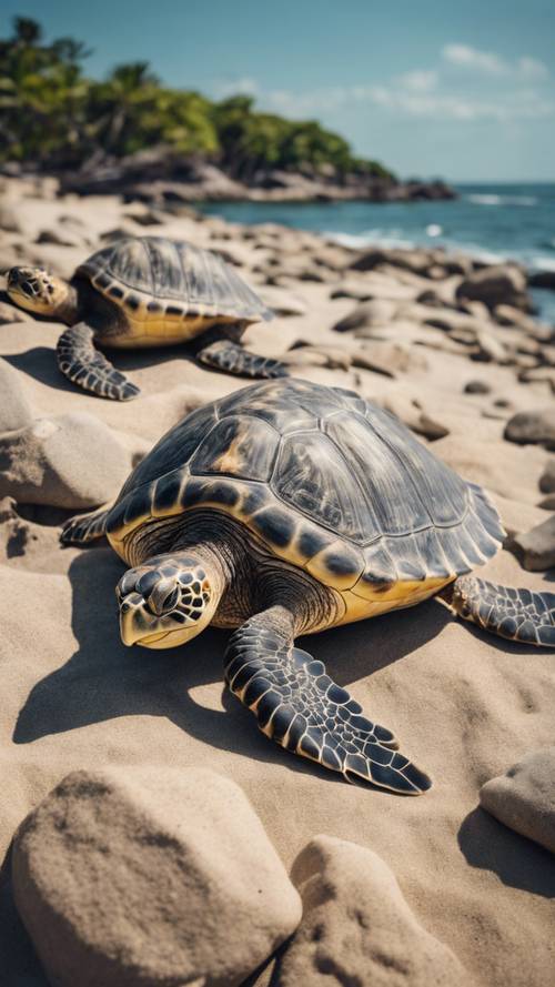 Várias tartarugas marinhas tomando sol em uma praia rochosa.