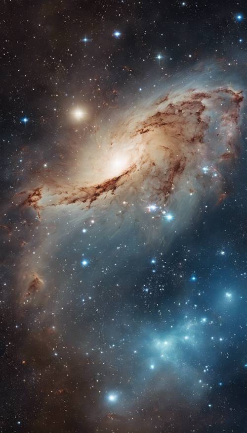 גלקסיה כחולה עם ערפיליות, אבק וכוכבים בהירים רבים.