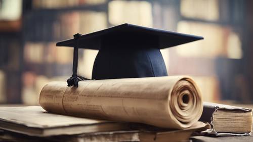 Un primo piano di un berretto da laurea e di un diploma arrotolato seduti su uno sfondo di libri di testo logori e un laptop.