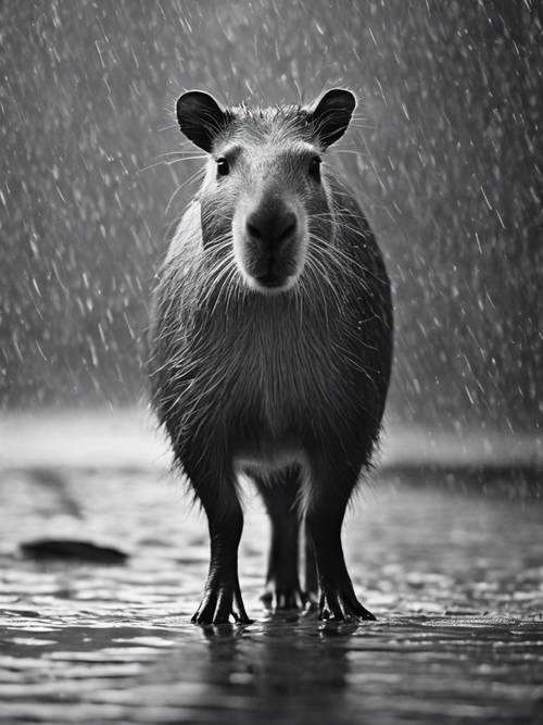 Yağmurda görkemli bir şekilde duran bir kapibaranın siyah beyaz görüntüsü.