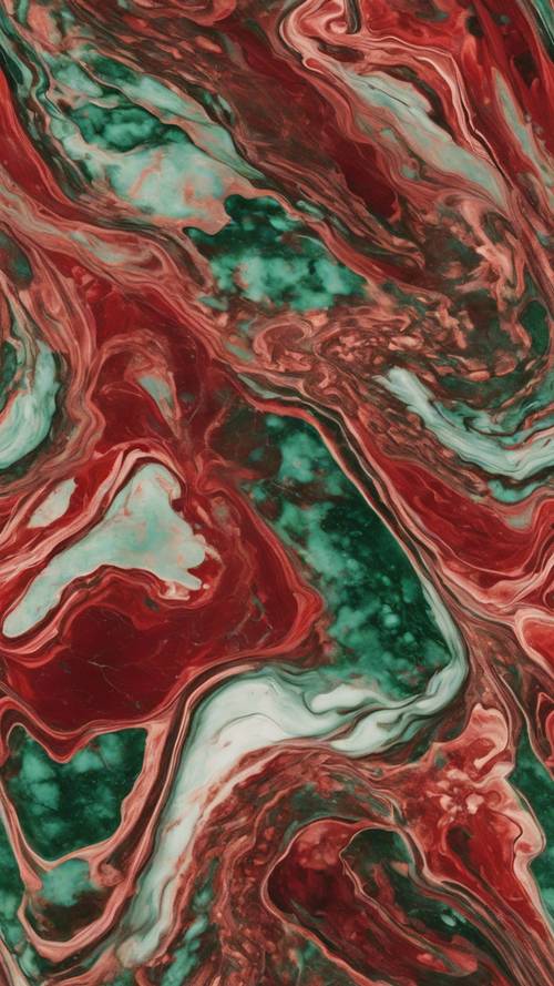 Ein nahtloses Muster, das ein ineinander verschlungenes rotes und grünes Marmordesign widerspiegelt.