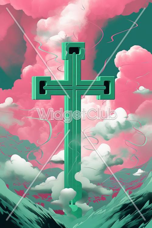 Różowe chmury i scena zielonego krzyża na niebie