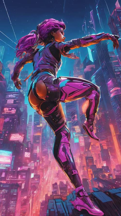 Eine Frau in einem futuristischen, eleganten Cyber-Anzug, die über die Dächer einer weitläufigen Metropole springt.