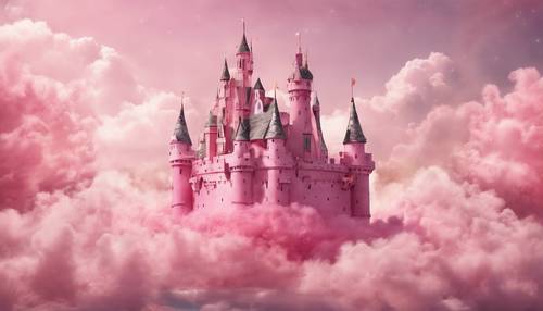 Una pintura de acuarela de ensueño de un castillo rosa flotando sobre las nubes.