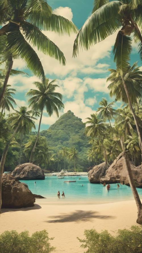 Un poster di viaggio vintage che invita le persone a visitare un paradiso tropicale