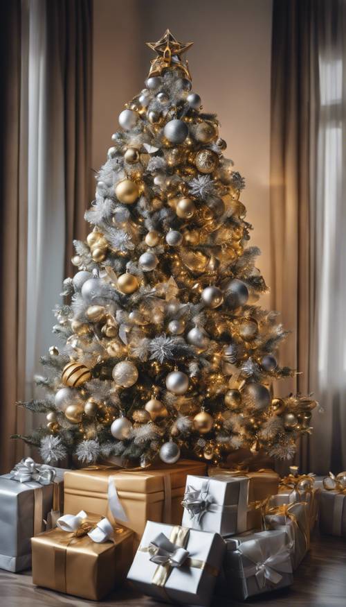 An elegantly trimmed Christmas tree with gold and silver ornaments, surrounded by beautifully wrapped presents.